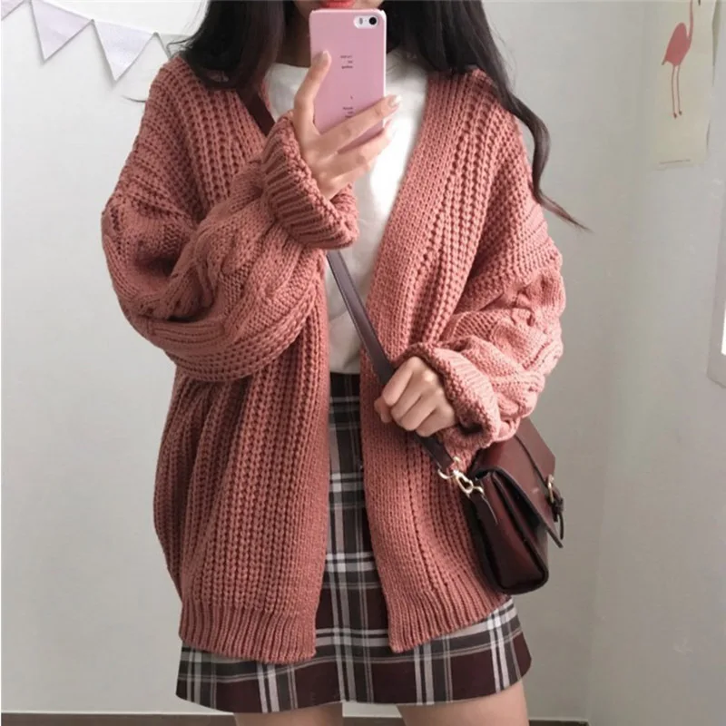 

Women Loose Long Sleeve Twist Knit Cardigan Sweater Fashion Solid Color Coat IK88