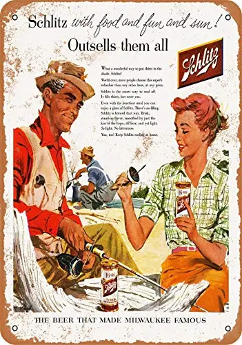 

1956 пиво и рыбалка Schlitz винтажный Металлический Знак Домашний Декор 8x12 дюймов