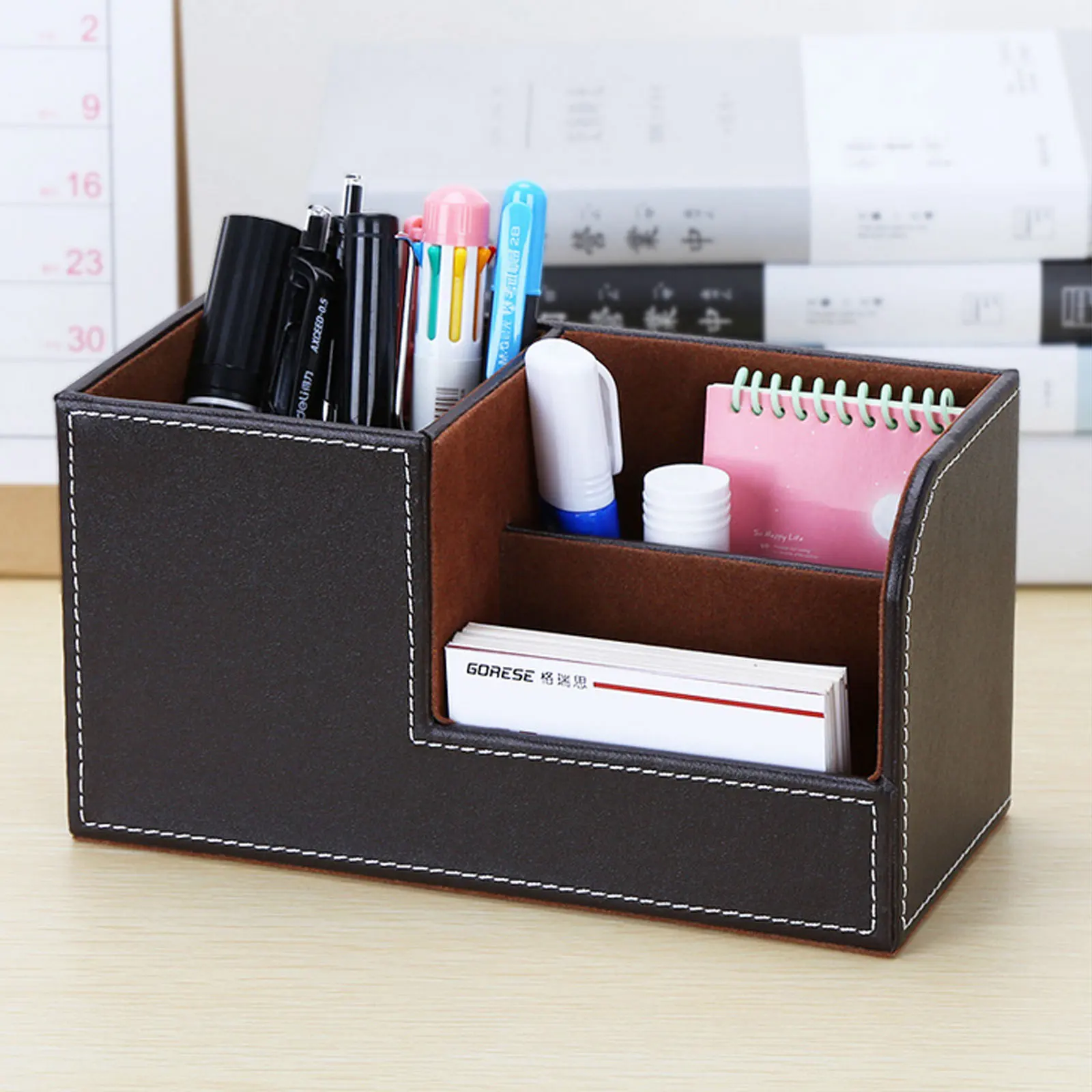 PU Leather Desk Organizer pen holder desktop storage box stationery organizer desktop storage shelf stationery storage box desktop storage kit Pencil Pen Holder Caddy Storage Box 3 Compartments for Home Office School Supplies