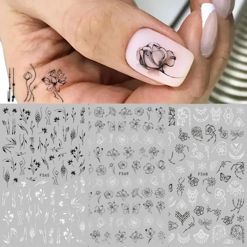 1 шт. черно-белые стикеры 3D на ногти Nail Art ползунки цветы Мандала лист геометрические наклейки для ногтей Фольга Дизайн Маникюр украшения