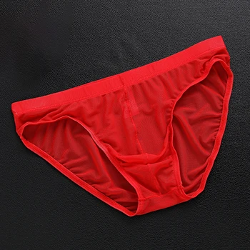 

Men briefs Sexy Tulle Netting Transparent Briefs Breathable underpants male solid color Elastic Soft Underwear