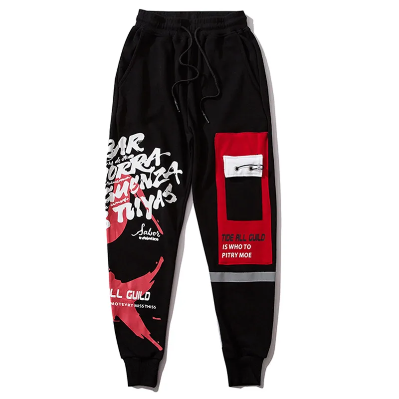 Aolamegs Sweatpants Cool Letter Print Pants Men Elastic Waist Harajuku Patchwork Ribbon Harem Pants Baggy High Street Streetwear - Цвет: Black