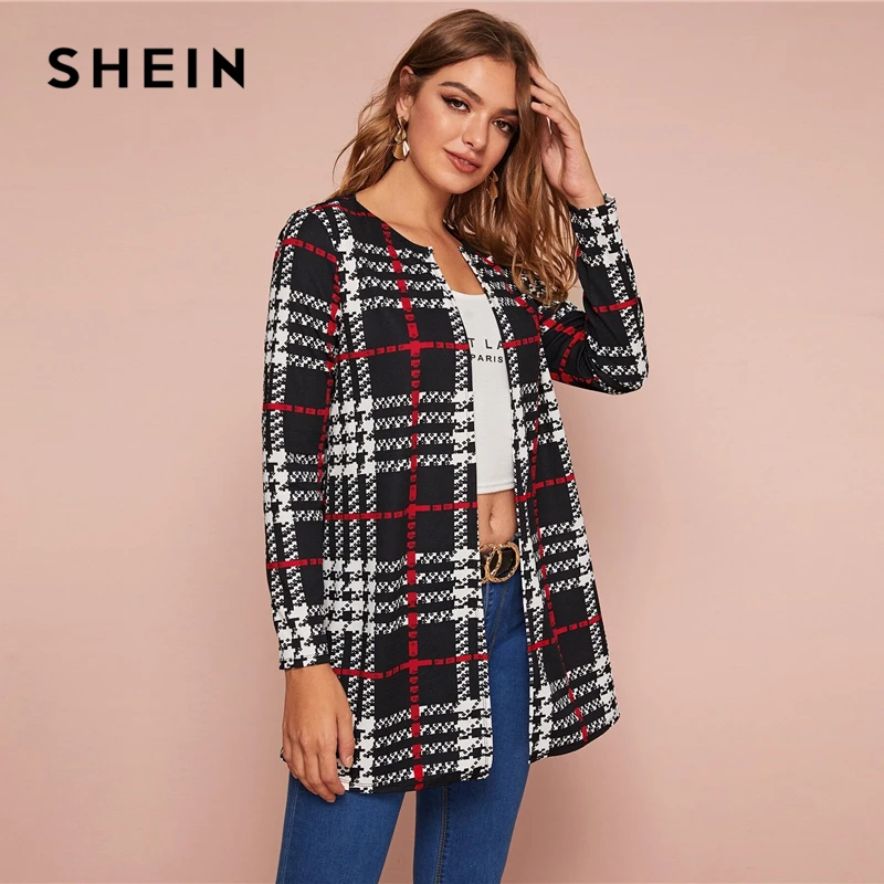 Promo  SHEIN Black and White Plaid Print Open Front Coat Women Spring Autumn Long Sleeve O-neck Outwear Ca