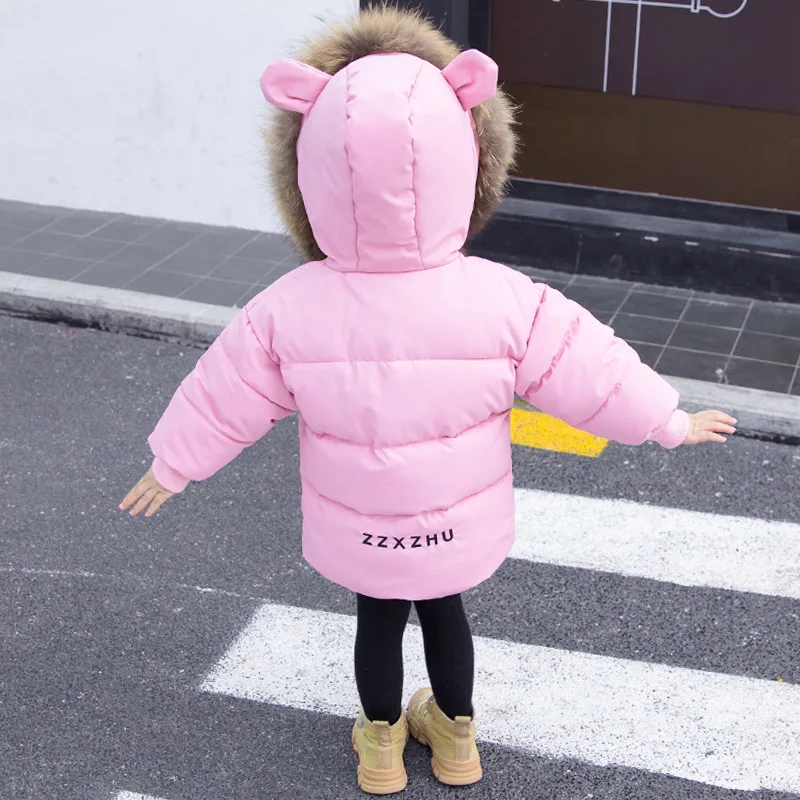 

Girls Padded Cotton Clothes Children Korean-style Large Fur Collar Cartoon Cotton-padded Clothes Lettered Casual Warm Bear Cotto