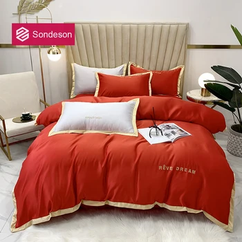 

Sondeson Luxury 100% Silk Noble Red Women Bedding Set Silky Healthy Duvet Cover Set Flat Sheet Pillow case Soft Quilt Cover