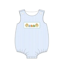 

Summer Clothes Boy Blue Vertical Striped Sleeveless Easter Eggs And Chicks Embroidered Pattern Toddler Romper