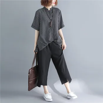 

over size women pants suits two pieces striped blouse and black striped pants office lady elegant pant suits top quality
