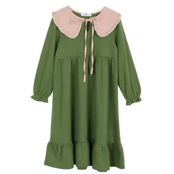 

Korean Girls Dress Fall Autumn and Winter Models Army Green Doll Collar Loose Long Sleeve Princess Dresses for Big Girl 12 Years