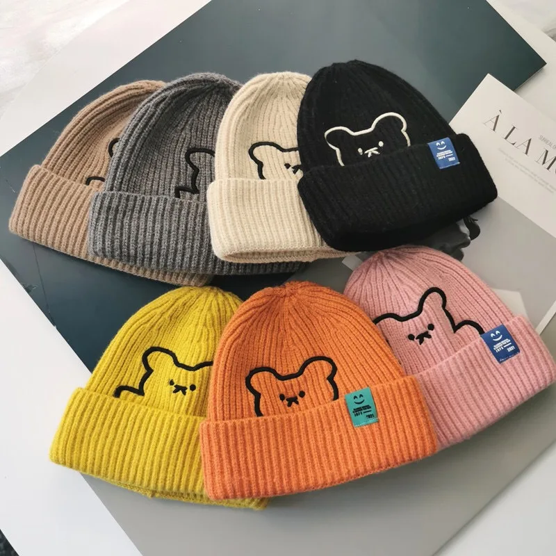 woolen cap for men Newest Winter Hats bear embroidery cute knitted hat Couple Cap Lady Thread Knitted Beanie Chapeau Female Bonnet шляпа женская timberland skully