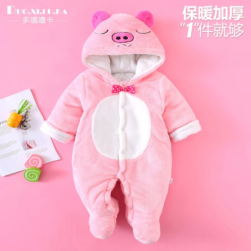 pink pig Зимняя одежда для малышей хлопковый костюм толстый теплый халат с шапкой милый комбинезон, одежда для малышей Одежда для маленьких девочек от 0 до 3 месяцев - Цвет: pink pig
