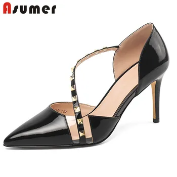 

ASUMER 2020 new arrive women pumps patent leather rivet summer shoes pointed toe thin high heel party wedding shoes ladies