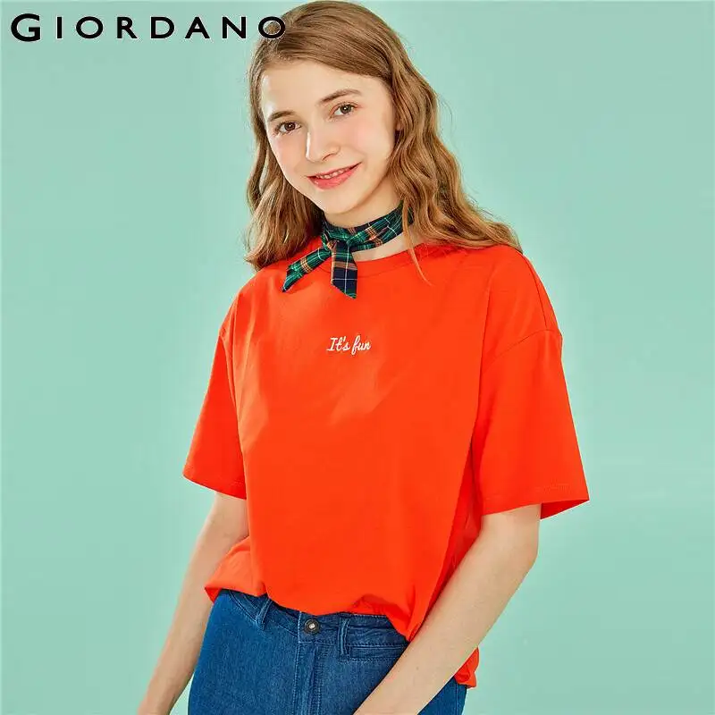 Giordano/женская футболка с вышивкой и круглым вырезом коротким рукавом женские
