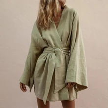 Женский банный халат осень с поясом Женская Мини Ночная рубашка однотонная белая ArmyGreen с длинным рукавом Домашняя одежда женское пальто Новинка
