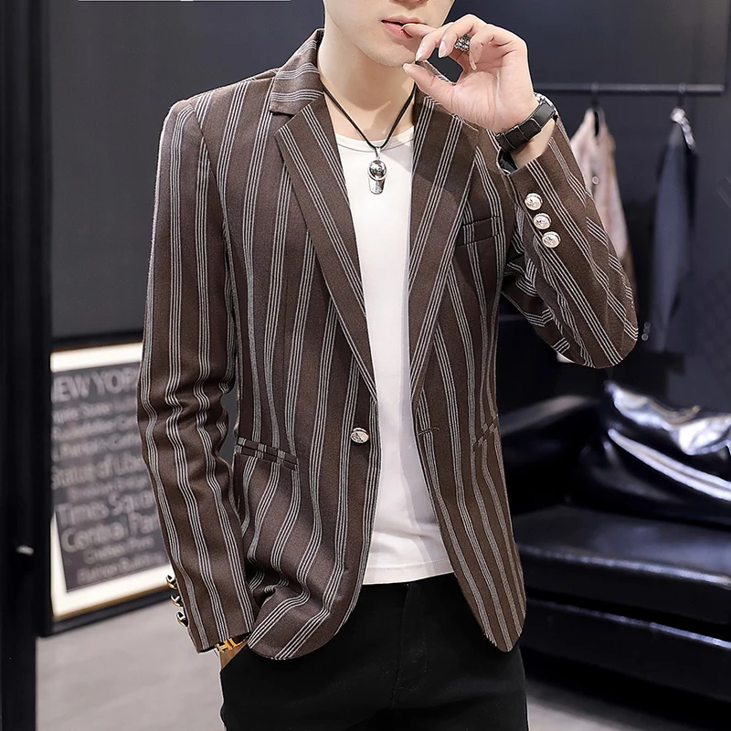 UYUK2019 Autumn And Korean Version Of The Self-cultivation Fashion Temperament Lapels Striped Stitching Men's Single Breasted UYUK2019 Autumn And Korean Version Of The Self-cultivation Fashion Temperament Lapels Striped Stitching Men's Single Breasted