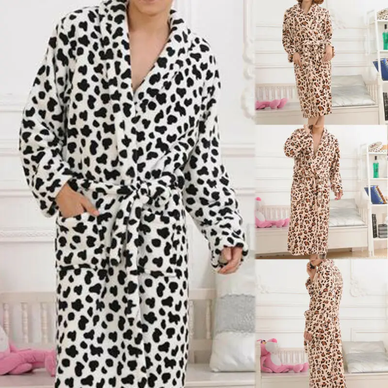 Мужской модный фланелевый теплый длинный халат унисекс с леопардовым принтом, Мягкий банный халат, банный халат, ночная рубашка