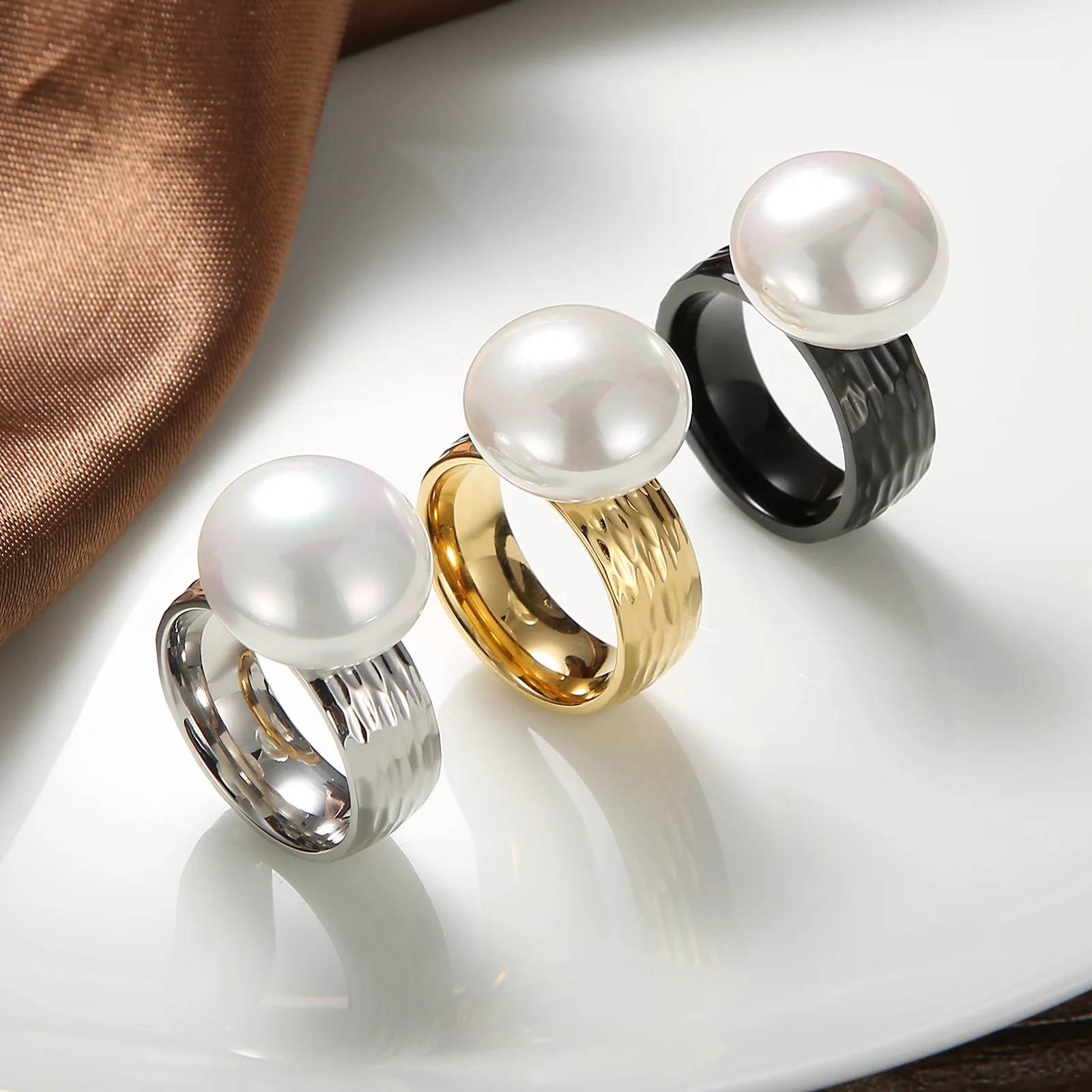 Stainless Steel Rings: KALEN Fashion Stainless Steel Rings for Women Gold Color Black Imitation Pearl Charm