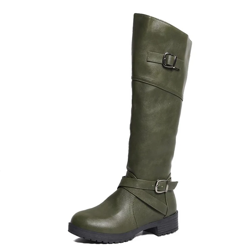 Autumn Shoes Women Knee High Boots Female Buckle Strap Platform Black PU Low Heels Motorcycle Boots Zip Ladies Classic Footwear - Цвет: green