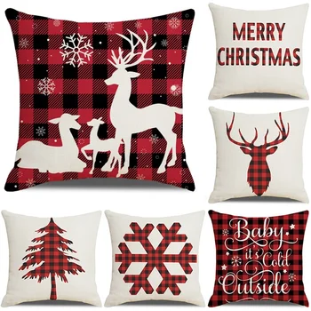 

Christmas Pillowcase Plaid Snowflake Tree Elk Snowman Print Cushion Cover Square Pillow Accessories Xmas Home Decorations