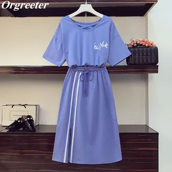 

Plus Size XL-4XL Tracksuits Women 2020 Summer New Solid Letter Printing Tshirt and Side stripe trim Slit Skirt Suits Casual Sets