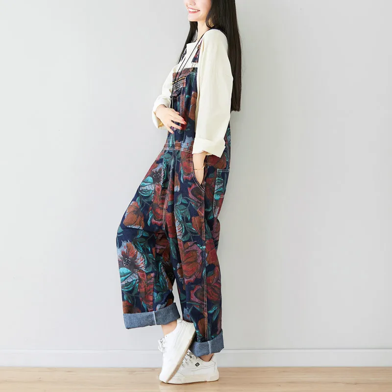 Denim Jumpsuit Women Plus Size Loose Casual Baggy Wide Leg Jeans Pants with Adjustable Straps Full Length Print Pockets Overalls