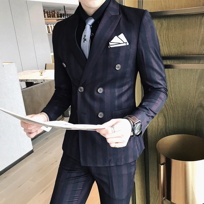 

Suits Mens 2017 Double Breasted Suits Mens England Style Stripe Suits Mens Blue Bleiser Hombre Casual Slim Fit Social Club Dress