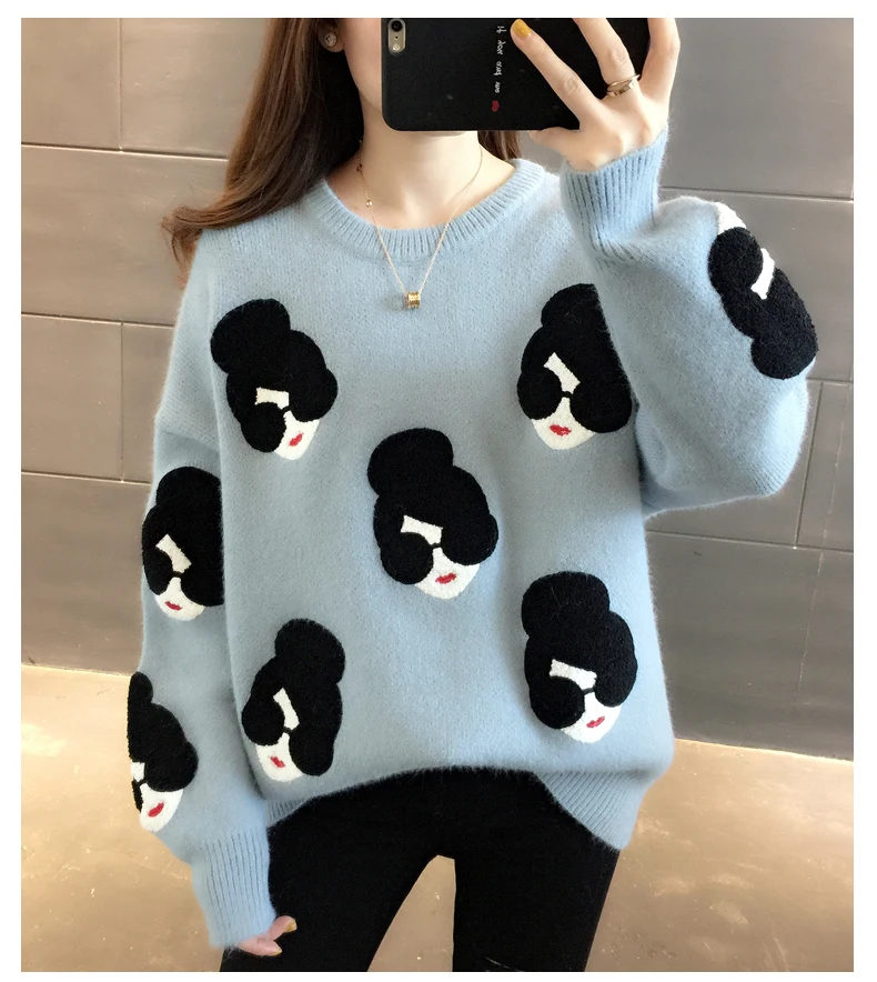 

2020 Fashion Girl Cartoon Pattern O-Neck Knitted Women Sweater Loose Female Pullovers Winter Warm School Ladies Sweaters