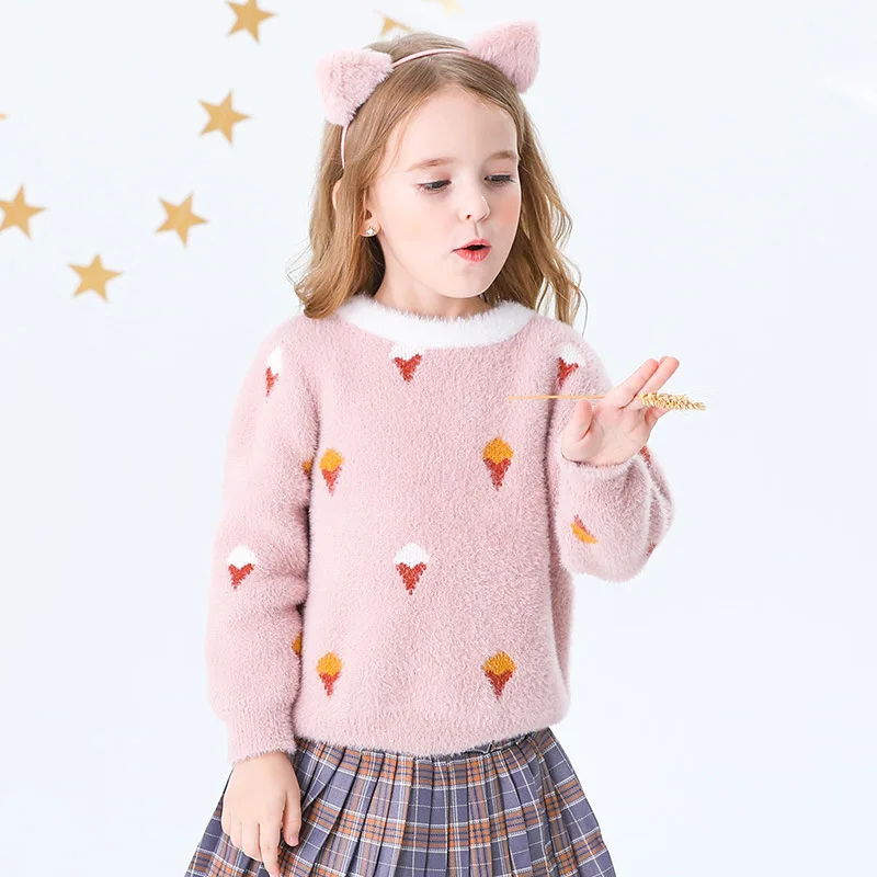 

2019 Autumn And Winter New Girls Thick Sweater Brand Childrens Ice Cream Pattern Imitation Arm Hair Childrens Sweater