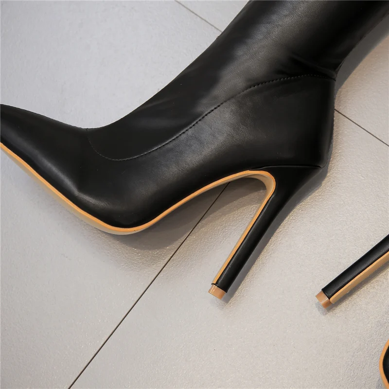 Новые женские весенние сапоги выше колена; Tacones; зимняя обувь на каблуке; пикантные сапоги из эластичной ткани с острым носком; большие размеры 34-42