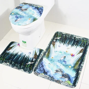 

Bathroom Set Dolphin Pattern Waterproof Shower Curtain Toilet Cover Mat Non Slip Rug