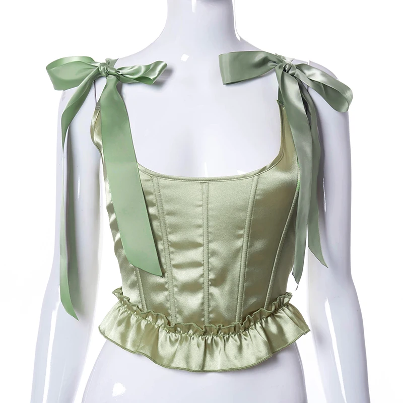 Women Sexy Corset Bustier Crop Tank Tops Solid Color Bow Tie Strap Sleeveless Criss Cross Lace-Up