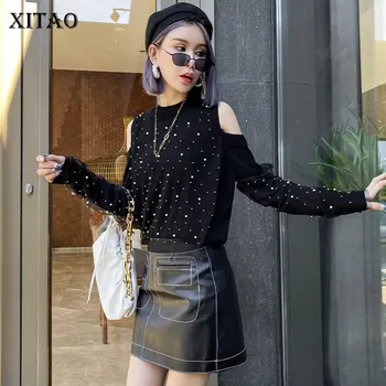 

XITAO Off Shoulder Sweater Knitted Heavy Industry Nail Bead Off Shoulder Socket Patchwork Minority Casual Style Sweater ZP3075