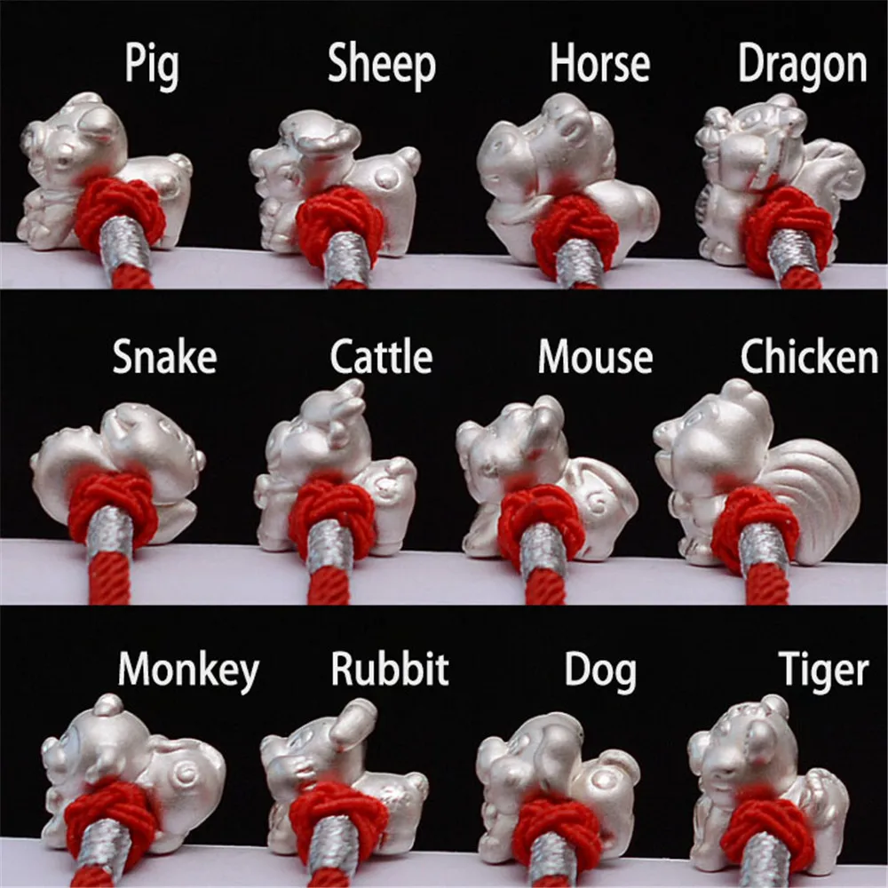 

Hot Sale Twelve Chinese Zodiac Pure S999 Animals Charm Bracelet 3D Hard Silver Craft Hand Knitted Lucky Red Rope Hand String