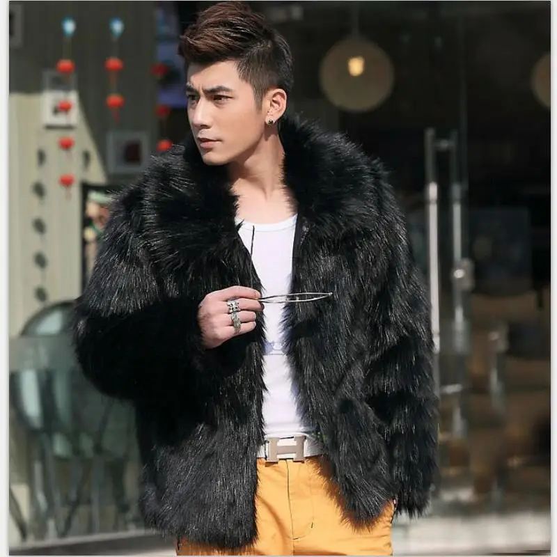 Autunno Degli Uomini di Inverno della Pelliccia Del Faux di Colore Solido Gira-Imbottiture Collare Manicotto Pieno Sottile Casual Cappotti di Spessore 3