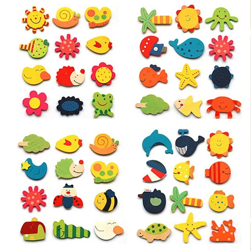 

12pcs/pack Colorful Kids Wooden Magnet Cartoon Pattern Kitchen Fridge Magnet Stickers Children Educational Toy Birthday Gift