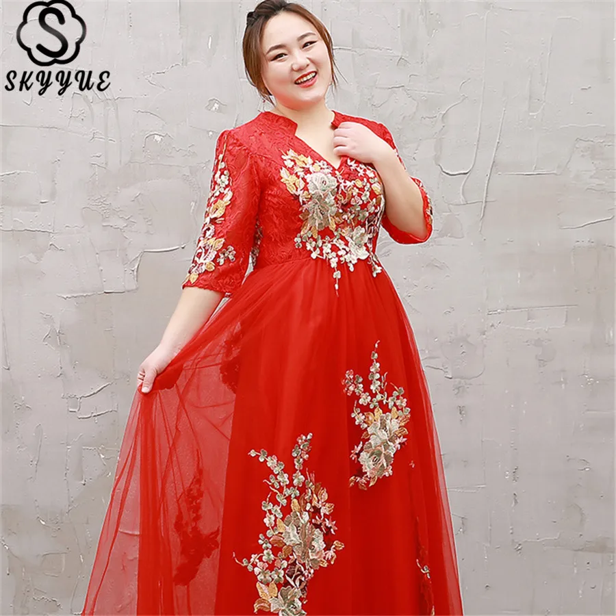 

Skyyue Three Quarter Sleeve Evening Dress Plus Size Robe De Soiree 2019 V-Neck Women Party Dresses Lace Up Formal Gowns T073