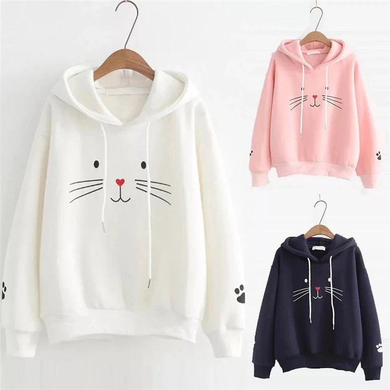 

Women Cute Cat Print Hoodies Casual Loose Long Sleeve Hooded Sweatshirts Plus Size Cartoon Cats Paws Female Sport Pullover Tops