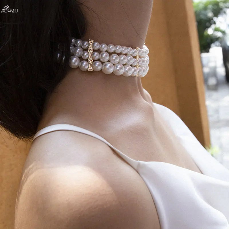 

AOMU Exaggeration Multilayer Imitation Pearl Necklaces Boho Necklace for Women 2019 Fashion Statement Charm 2019 Jewelry