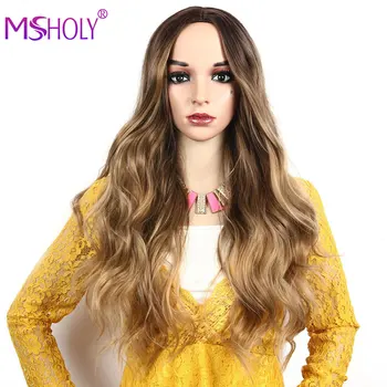 

Long Brown to Honey Blonde Ombre Wig Body Wave Synthetic Hair Wigs For Black White Women Wavy Curly Cosplay Daily Wig Msholy