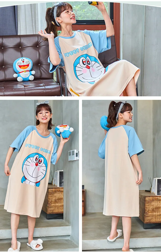 Cartoon Anime Doraemon Pajamas Set Women Cotton Plus Size Blue Patchwork Short Sleeve Kawaii Sleepwear Summer Homewear Female satin pajamas for women