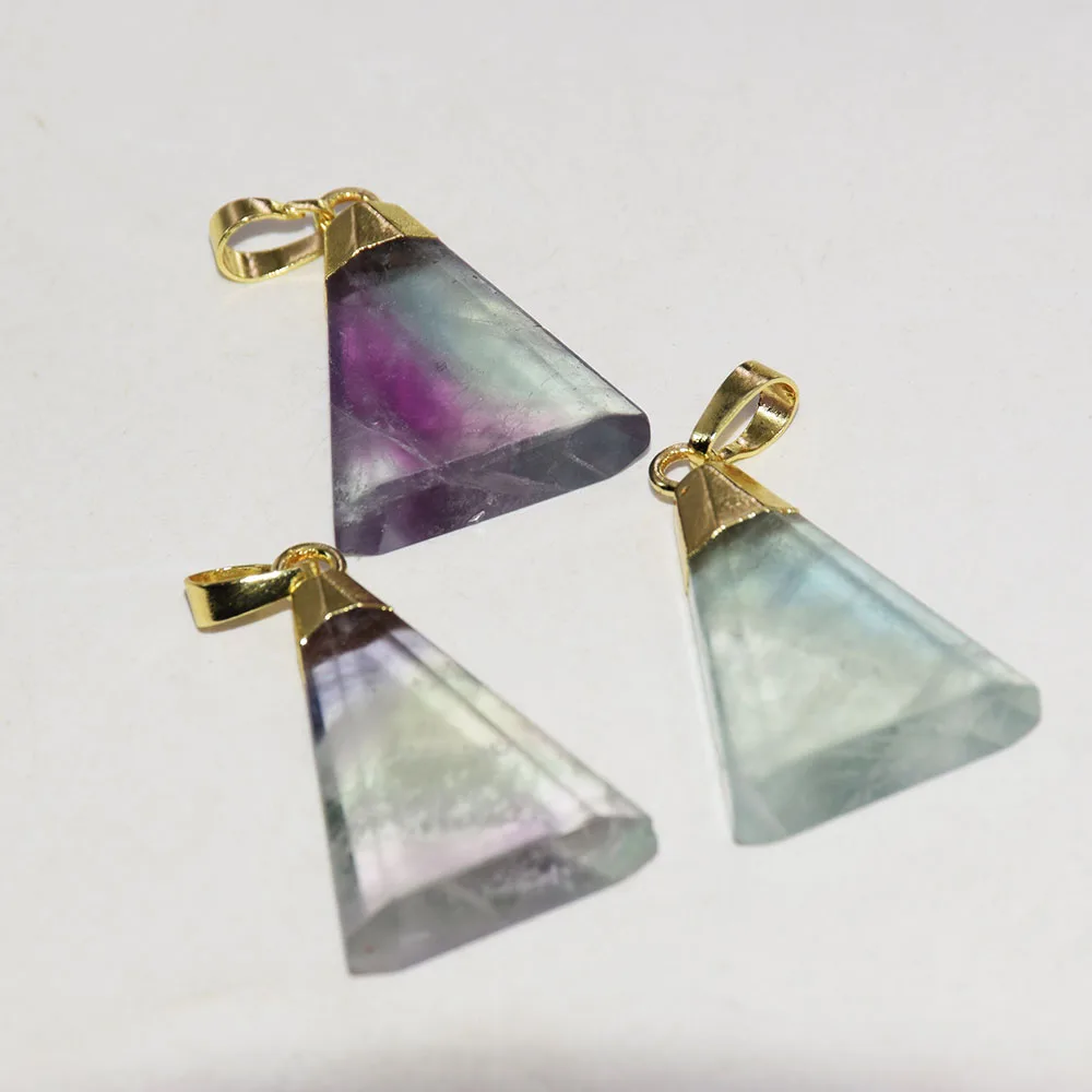 

Кулон из натурального флюорита треугольной формы, ювелирные изделия 2021, женское ожерелье с большим кусочком зеленого и фиолетового цвета с золотым покрытием, Радужное Женское Ожерелье