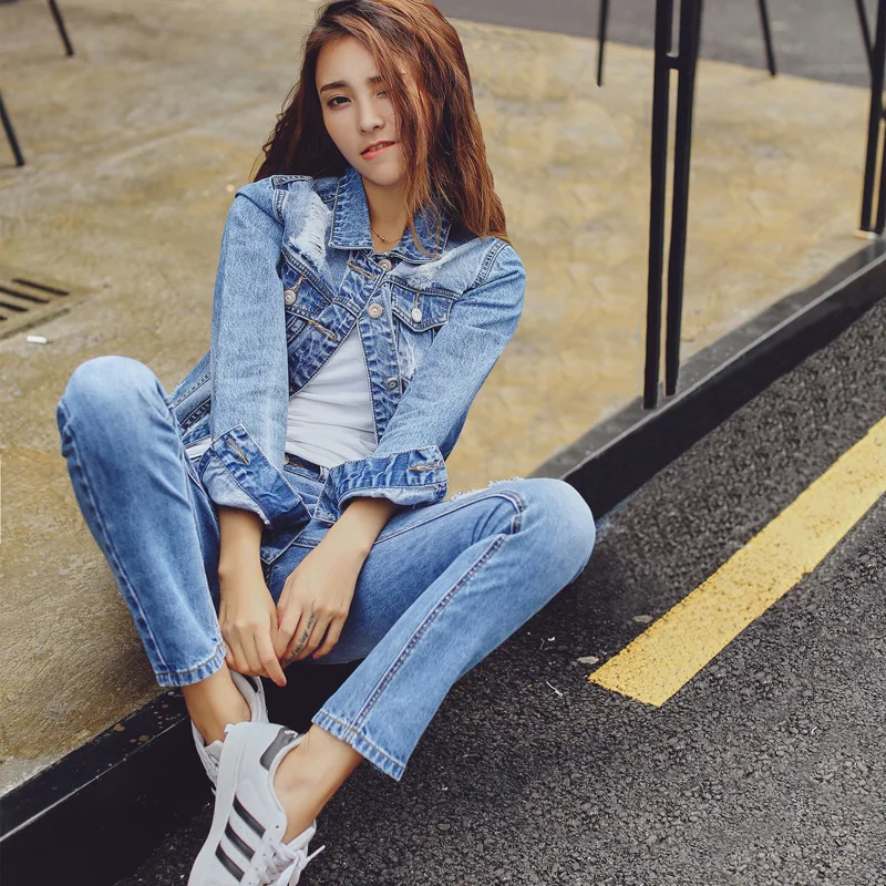 

2018 New Style Spring And Autumn Denim Suit Korean-style Trend Slimming Two-Piece Set Cool Fashion Short a Set of Clothes