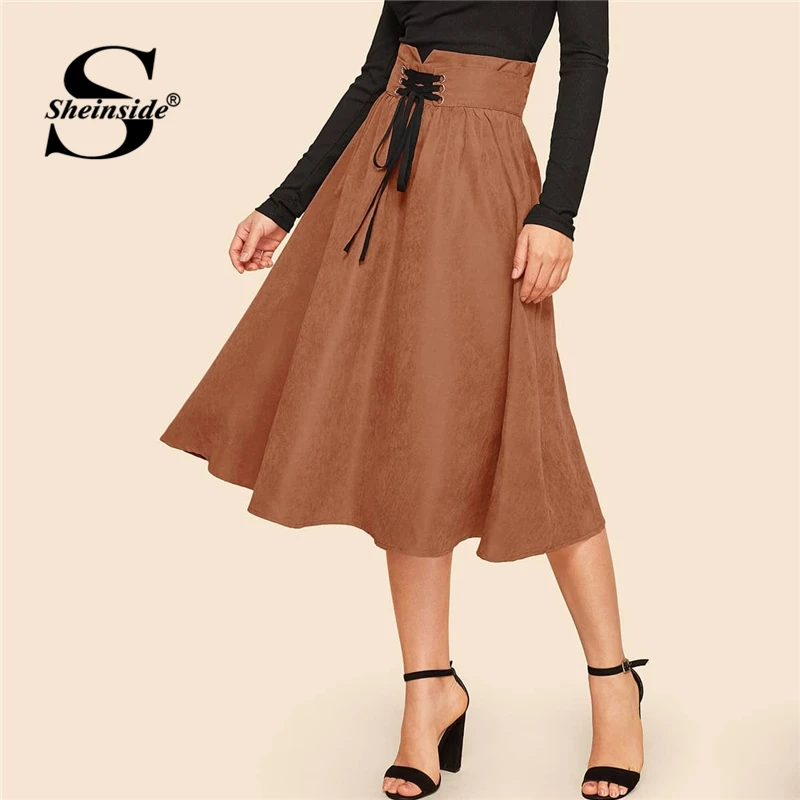 Sheinside, коричневая элегантная юбка с корсетом, для женщин, осень, на шнуровке, высокая талия, трапециевидные юбки, для девушек, одноцветная юбка на молнии сзади