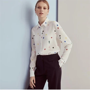 

NEW EQ 100% real silk women long sleeve blouses Colorful stars