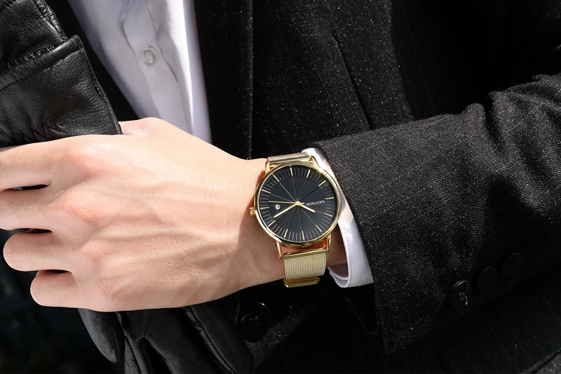 Модные деловые часы мужские роскошные брендовые золотые черные сетчатые Стальные кварцевые часы для мужчин минималистичные наручные часы Relogio Masculino