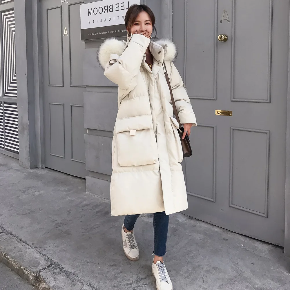 

Photo Shoot Fashionable down Cotton Overcoat Women's 2019 Winter New Style Retro Big Pocket Hooded Large Fur Collar Cotton Coat