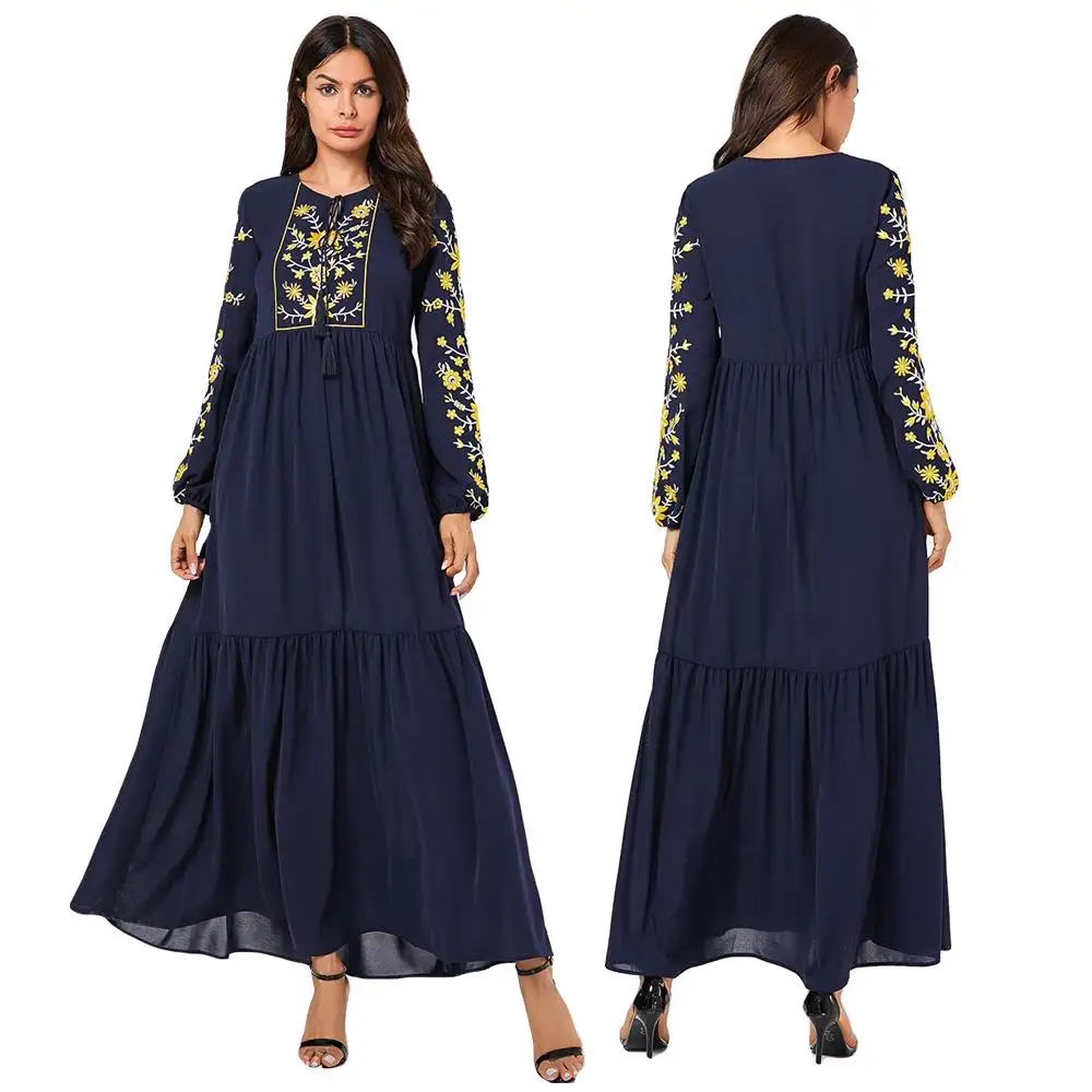 

Ethnic Abaya Dubai Women Long Sleeve Maxi Dress Islamic Embroidery Vintage Robe Gown Draped Design Patchwork Navy Blue 2019 New