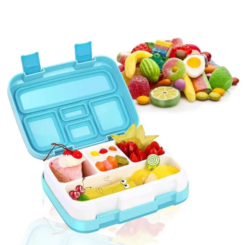 

Blue Flip Cover Lunch Box 5 Grids Compartment Leakproof Microwavable Kid Worker Bento Case Portable Food Container