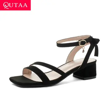 

QUTAA 2020 Flock Cut Outs Buckle Women Shoes Square Middle Heel Sandals Butterfly-Knot Summer Hollow Ladies Pumps Big Size 34-43