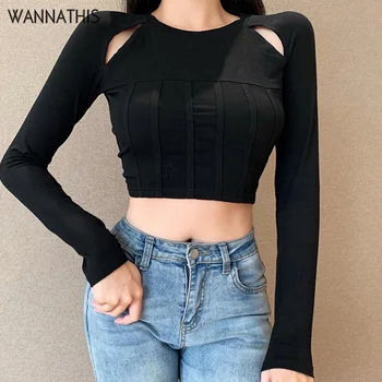 

WannaThis Long Sleeve O-neck Patchwork Crop Top Sexy Hollow out Women's T-shirts Streetwear Solid Autumn Fashion Casual Top 2020