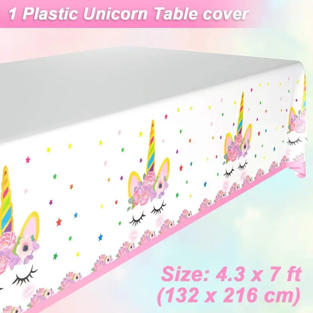 1pcs Tablecloth Вечерние принадлежности с единорогом, Детская скатерть с единорогом на день рождения, бумажная тарелка, салфетка, баннер, топпер для торта, свадебные украшения для детского душа - Цвет: 1pcs Tablecloth